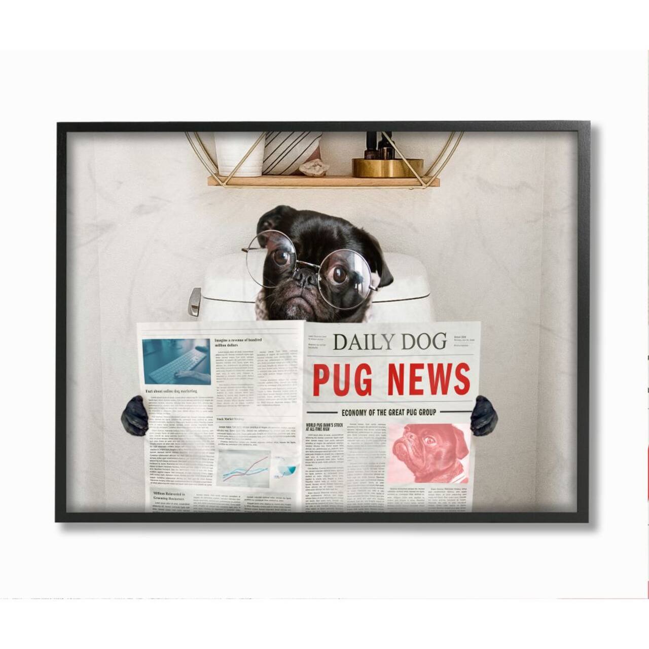 Stupell Industries Bathroom Pug Daily Toilet Briefing Dog Humor Framed Wall Art